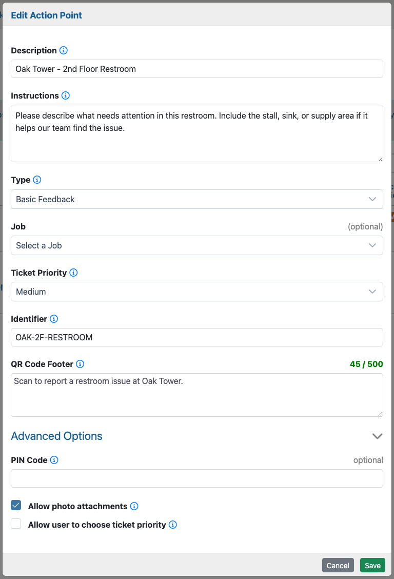 Edit Action Point form showing current setup fields for a restroom Action Point