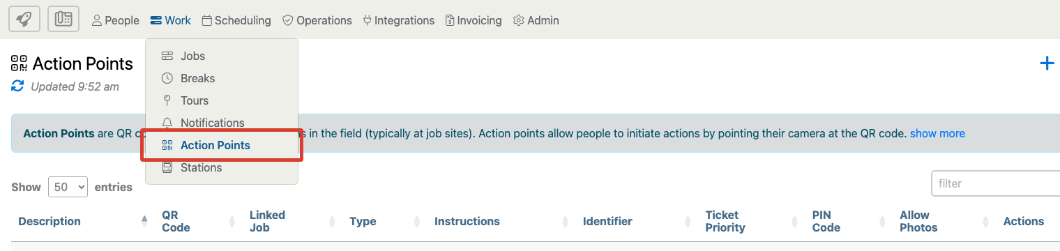 Work menu with Action Points highlighted