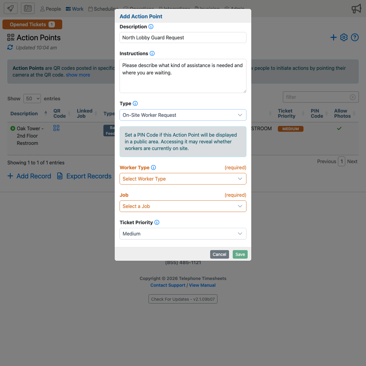 On-Site Worker Request setup showing PIN warning, required Worker Type, and required Job fields