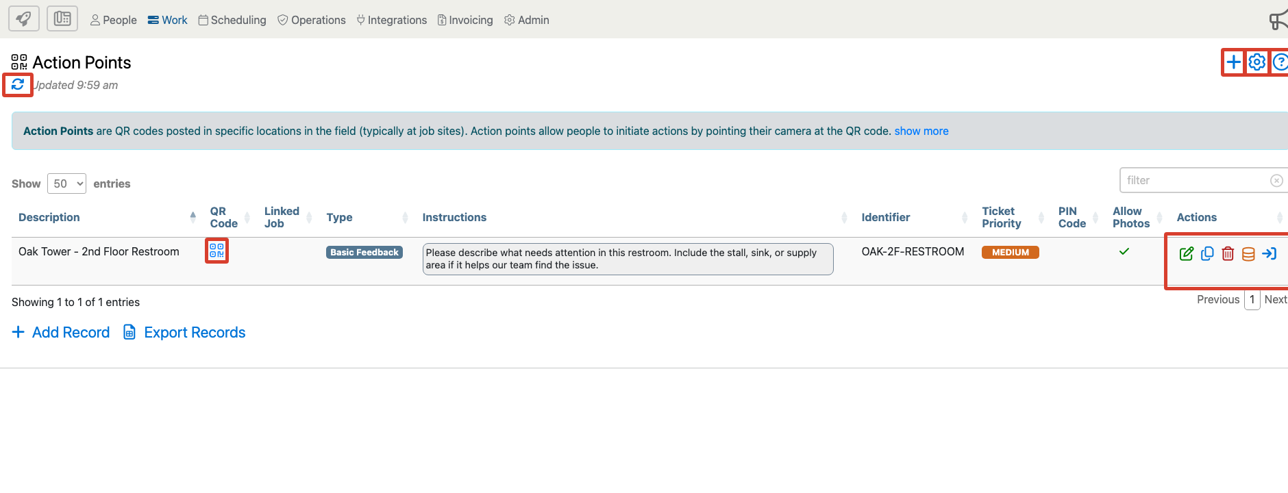 Action Points page with Add Record control, QR code, and row actions highlighted