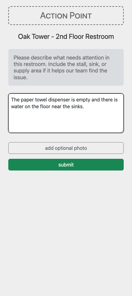 Current Action Point requester form with instructions, comments, optional photo, and submit button