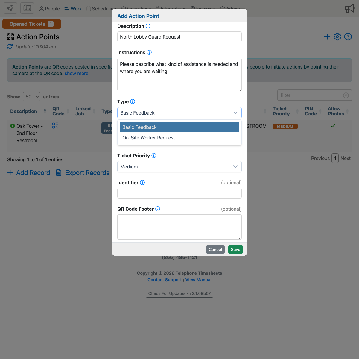 Action Point Type dropdown showing Basic Feedback and On-Site Worker Request