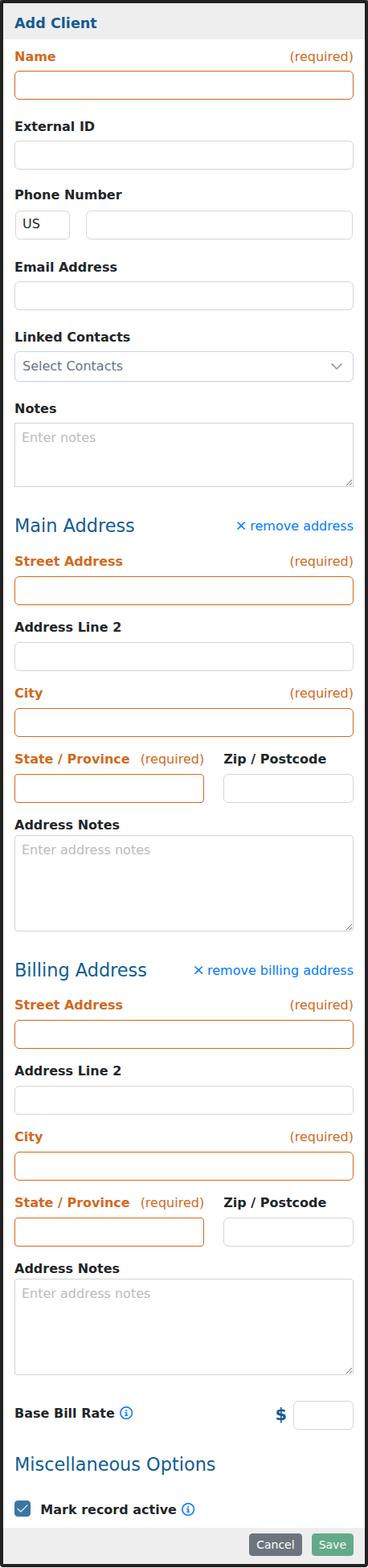 Add Client form showing client information, address, billing, and status options.
