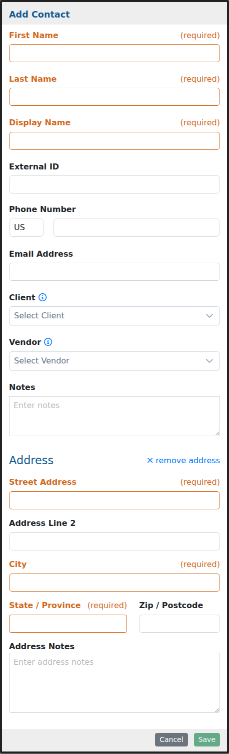 Add Contact form showing contact information, linked client and vendor fields, notes, and address options.