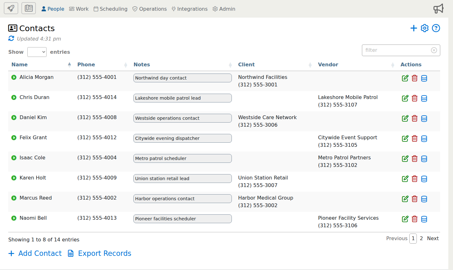 Contacts page showing the Add Contact launch points.