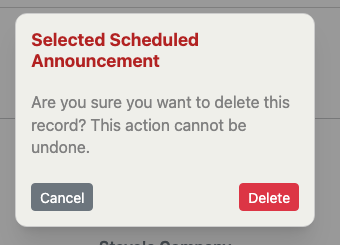 Delete confirmation window for a selected scheduled announcement.