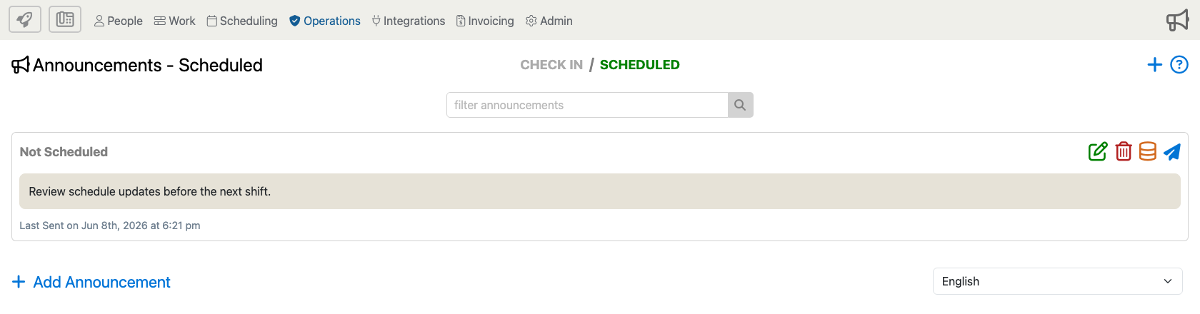 Announcements Scheduled page showing category tabs, search, add controls, row actions, and language selector.