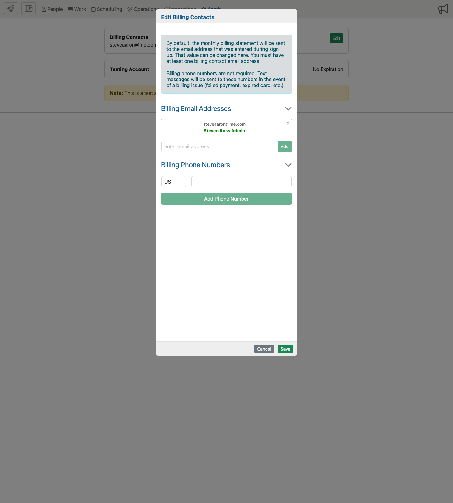 Edit Billing Contacts form example showing the billing email and billing phone sections.