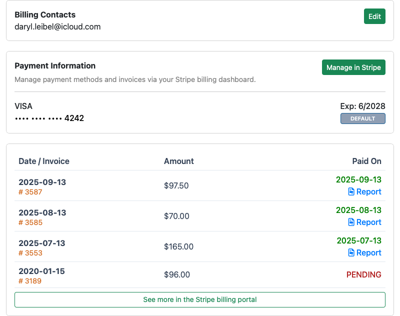 Billing page example showing billing contacts, Stripe payment information, and recent Telephone Timesheets billing history.