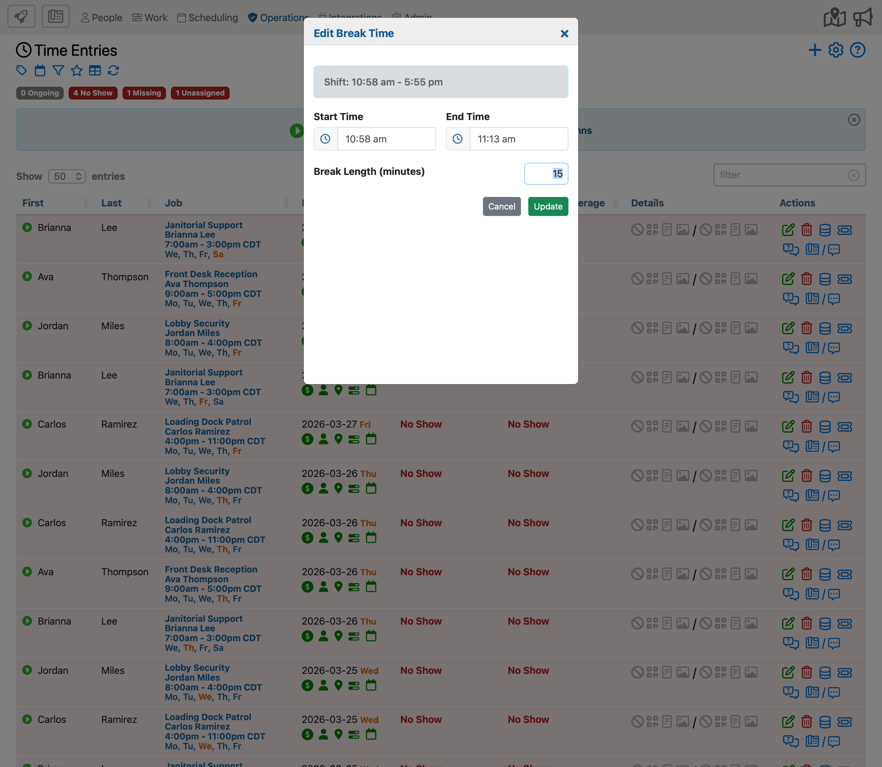 Time Entries page showing break information available for review.