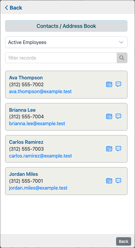 Call Center Contacts view opened from the Call Center Agent Menu.