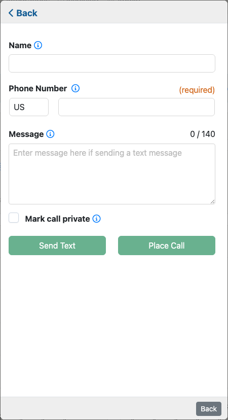 Dial Number and Send Text form showing name, phone number, message, privacy, and action controls.