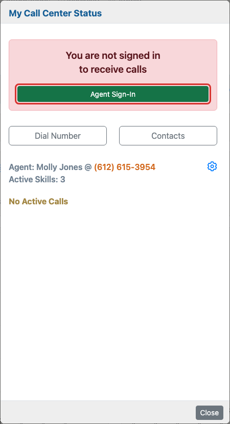 My Call Center Status panel showing the signed-out state and Agent Sign-In button.