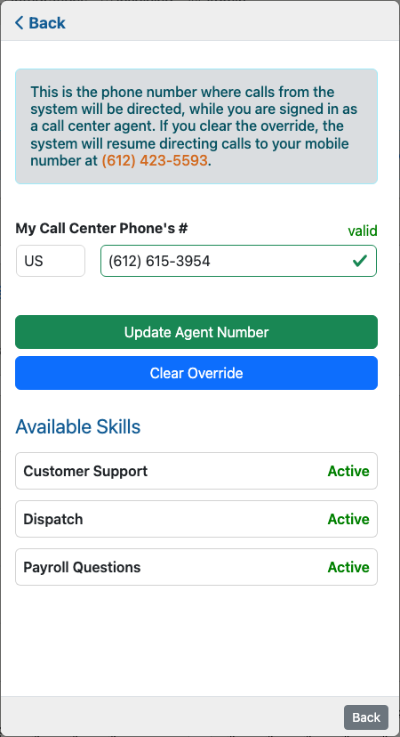 Update Agent Number form showing the call-center phone number and available skills.