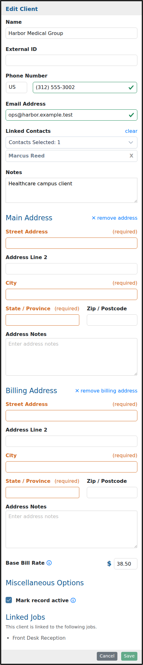 Edit Client form showing client information, address, billing, and status options.