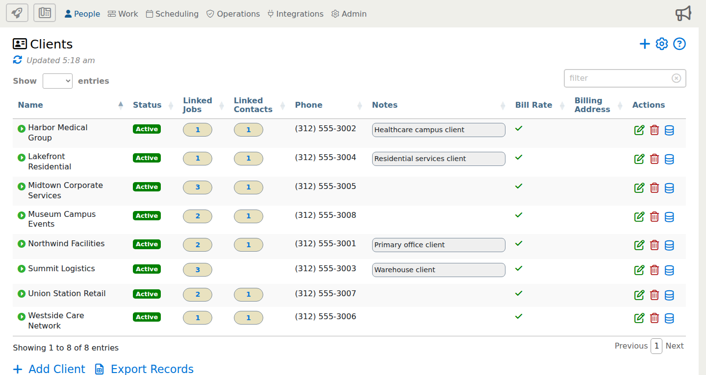 Clients page showing the Edit Client action icons.