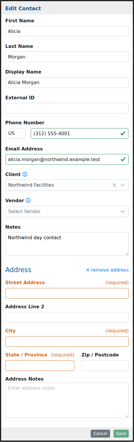 Edit Contact form showing contact information, linked client and vendor fields, notes, and address options.