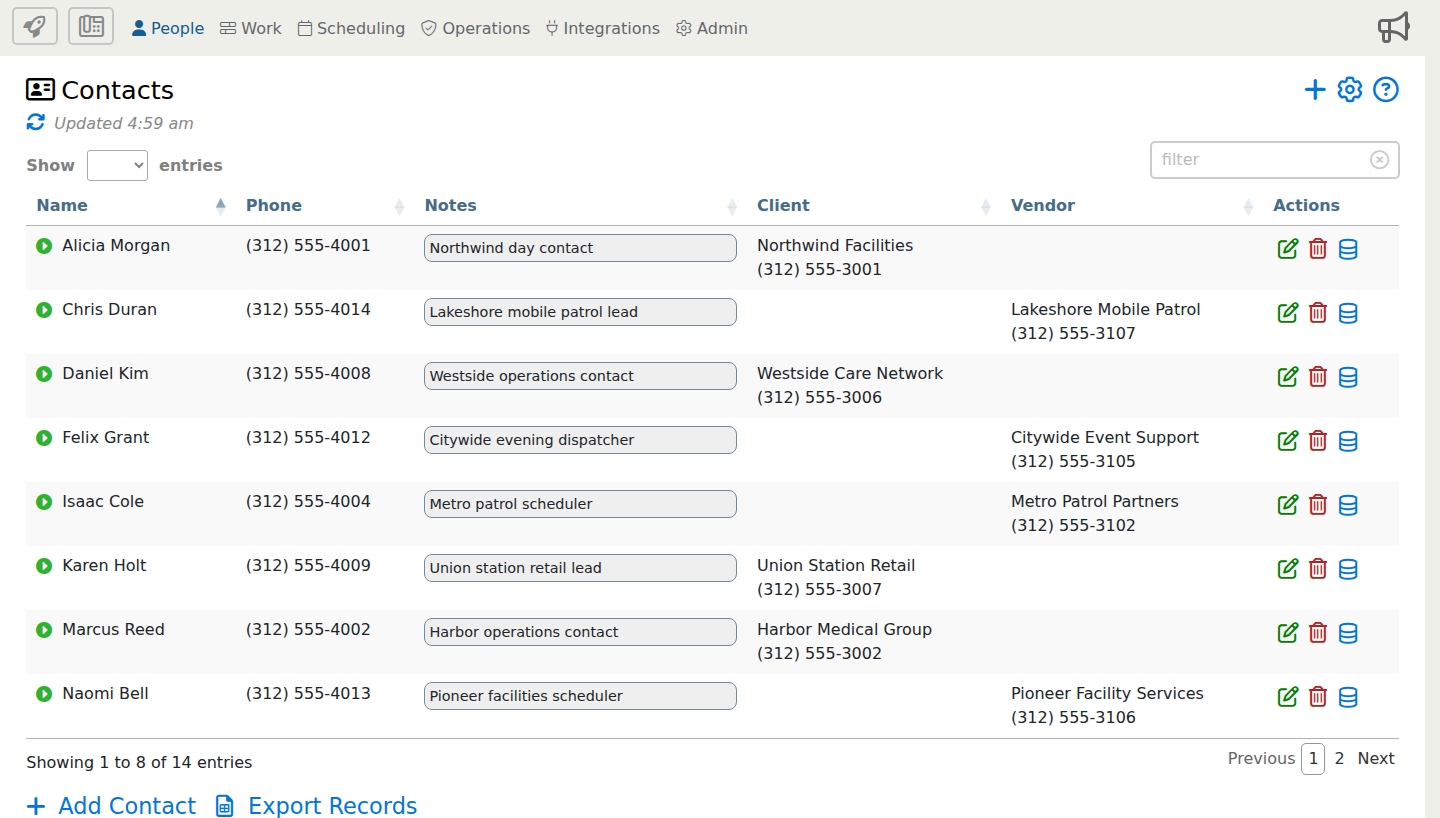 Contacts page showing the Edit Contact action icons.