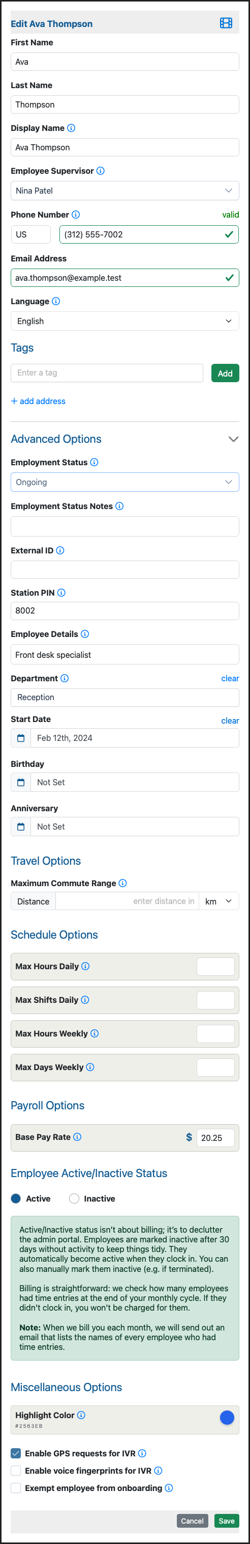 Edit Employee composite form showing the full current Edit Employee workflow.