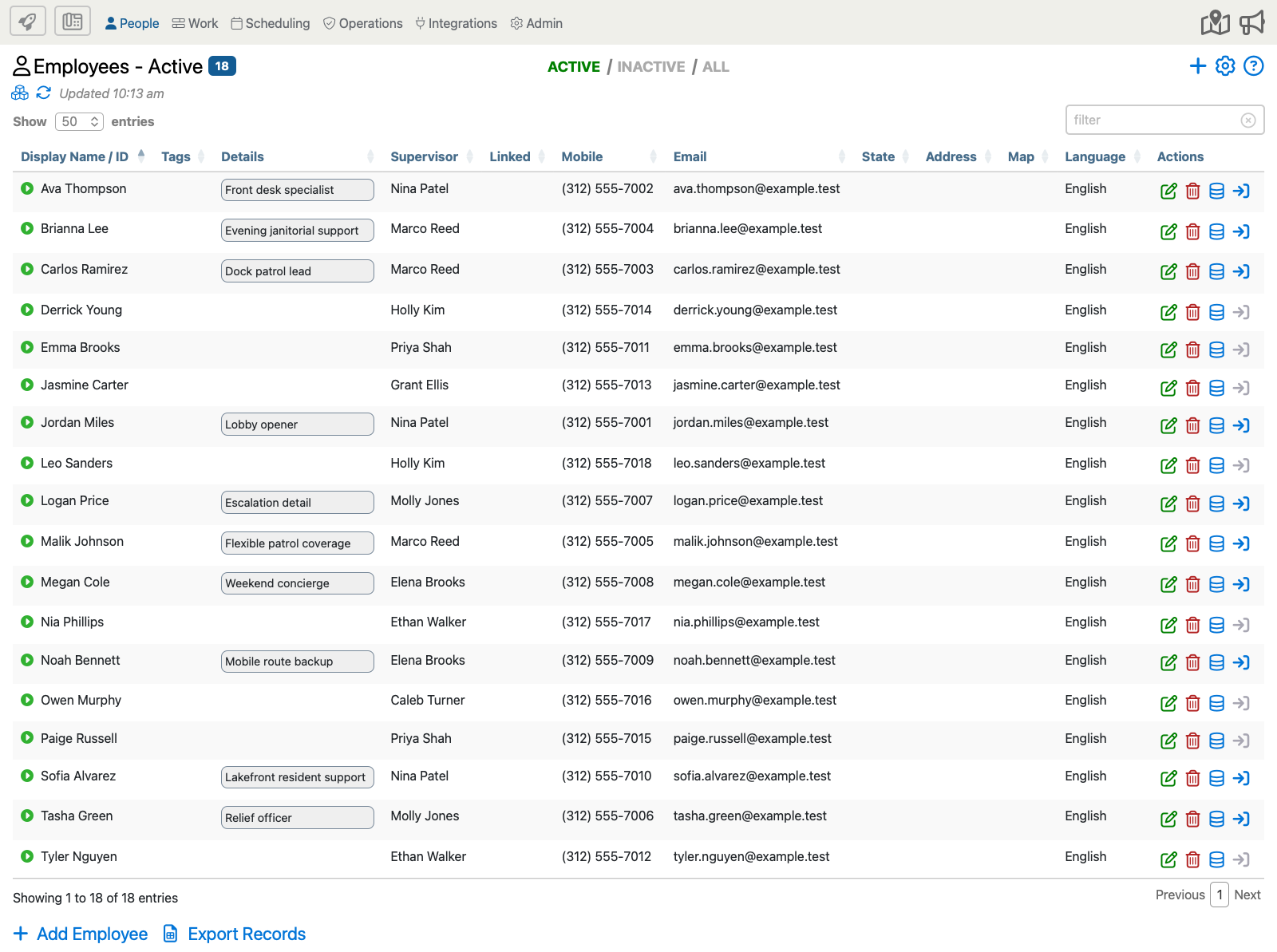 Employees page showing the Add Employee launch points in the upper-right page controls and the bottom-left Add Employee button.