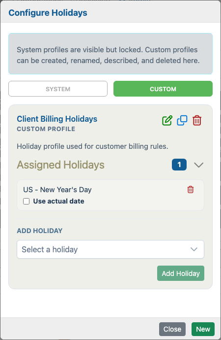 Custom holiday profile showing edit, clone, delete, assigned holiday, and add holiday controls