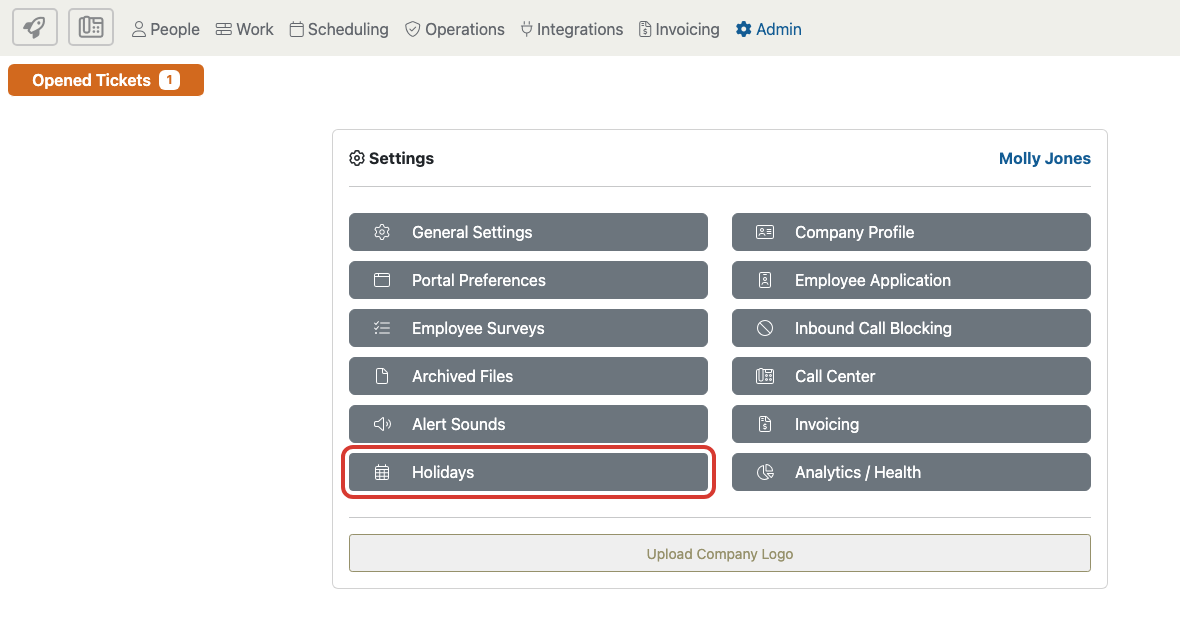 Settings page with the Holidays option highlighted
