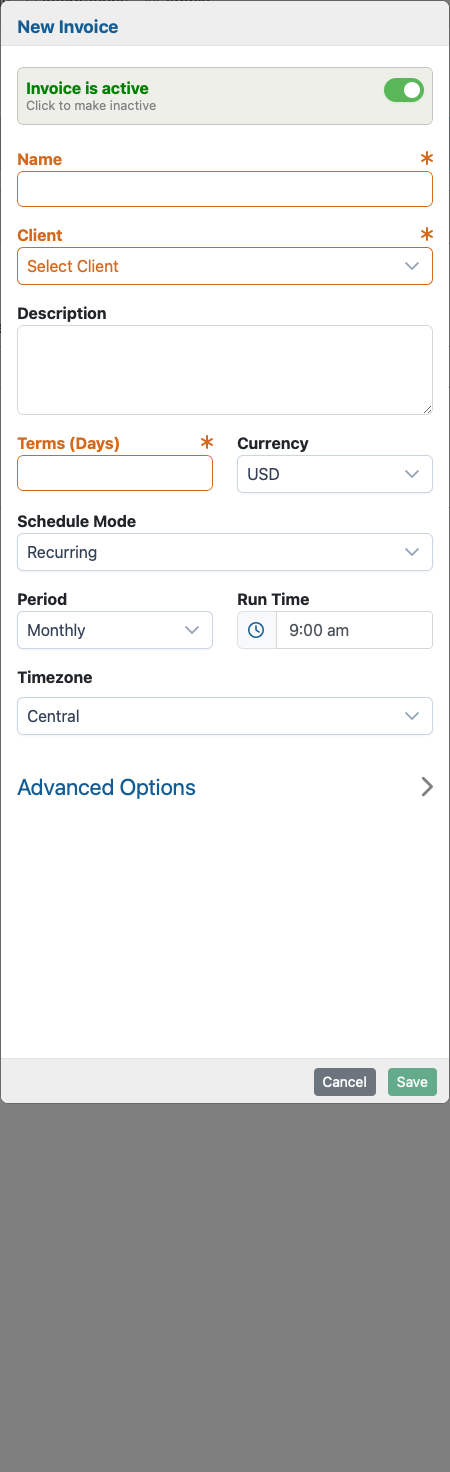 New Invoice form showing invoice setup fields