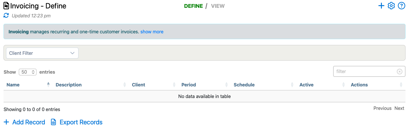 Invoices page example showing the invoice-definition view used from the Invoicing menu.