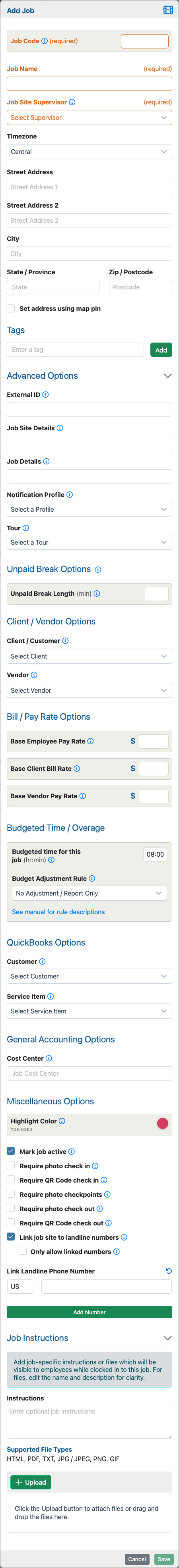 Add Job composite form showing the full current Add Job workflow.