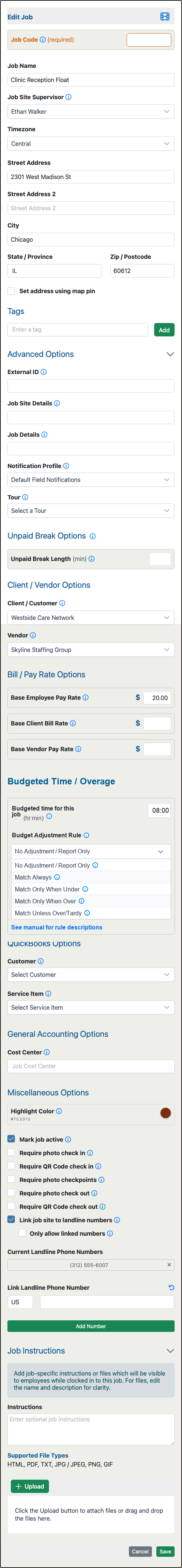 Edit Job form showing budgeted time and budget adjustment rule options.