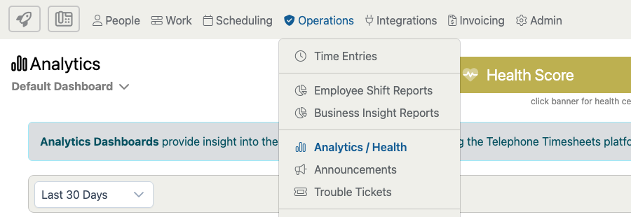Operations menu showing Announcements in the drop-down menu.