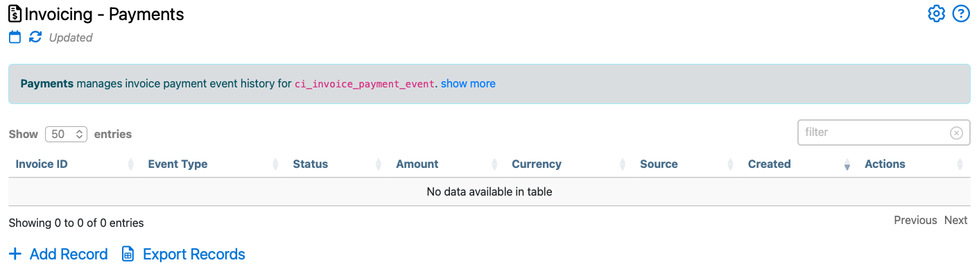Payments page showing recorded payment information