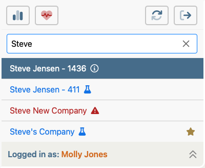 Rocket Menu panel showing quick-launch buttons and a filtered company-switch list on the stage account.