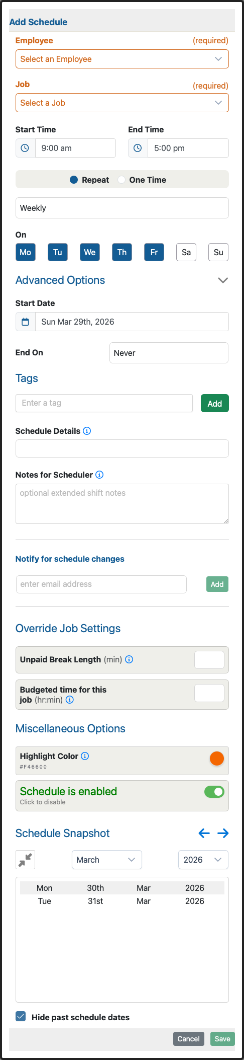 Add Schedule composite form showing the full current Add Schedule workflow.