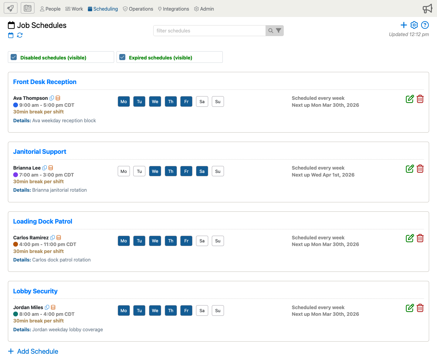 Job Schedules page showing the Add Schedule launch points in the upper-right page controls and the bottom-left Add Schedule button.