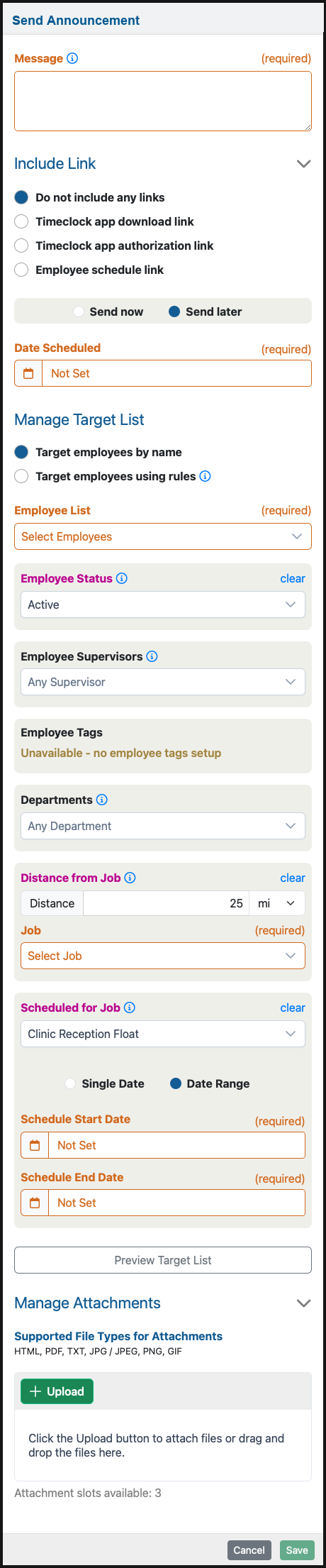 Send Announcement form showing message, link choices, send timing, target-by-name, target-by-rules, filters, schedule range, attachments, and save controls.