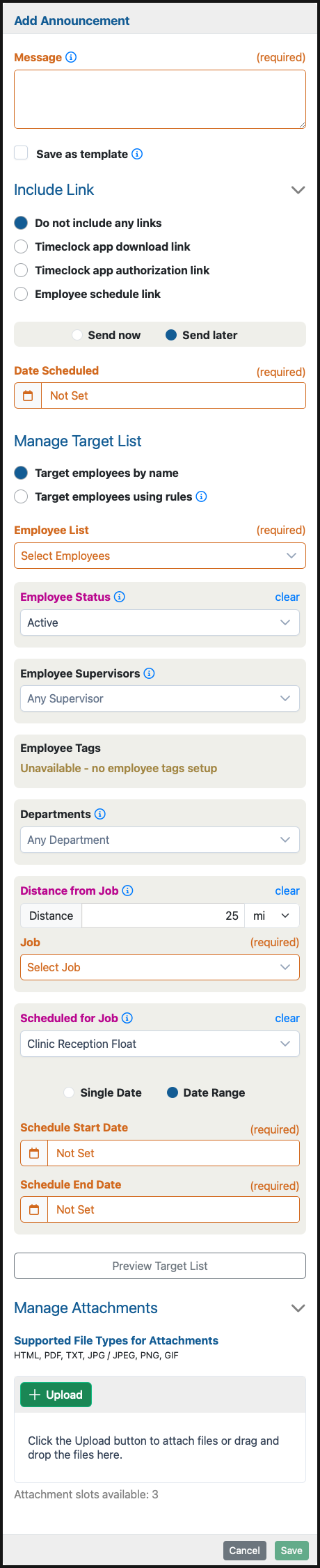 Announcement form showing message, link choices, save as template, send timing, target-by-name, target-by-rules, filters, schedule range, attachments, and save controls.