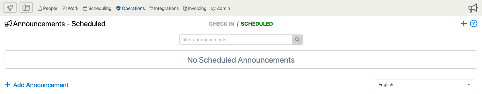 Announcements page showing the upper-right plus icon and bottom Add Announcement button used to open the Add Announcement form.