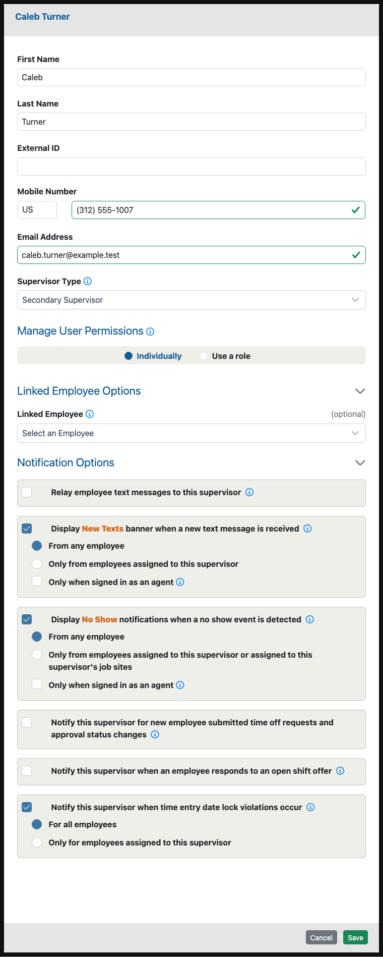 Edit Supervisor form showing supervisor details, permission options, and notification settings.