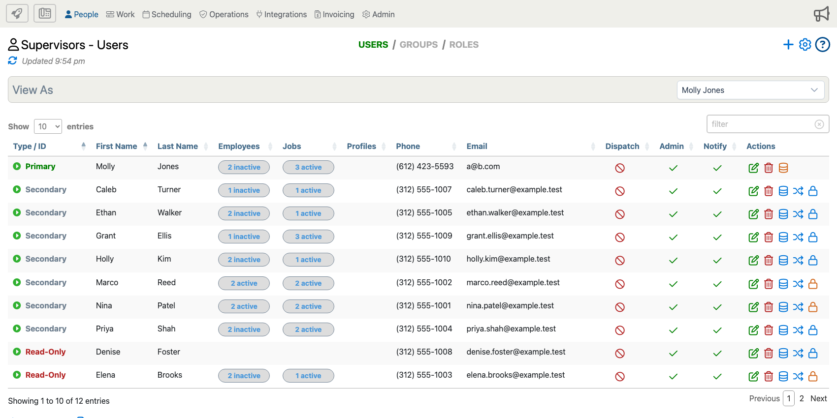 Supervisors page showing the Edit Supervisor launch point in the Actions column.