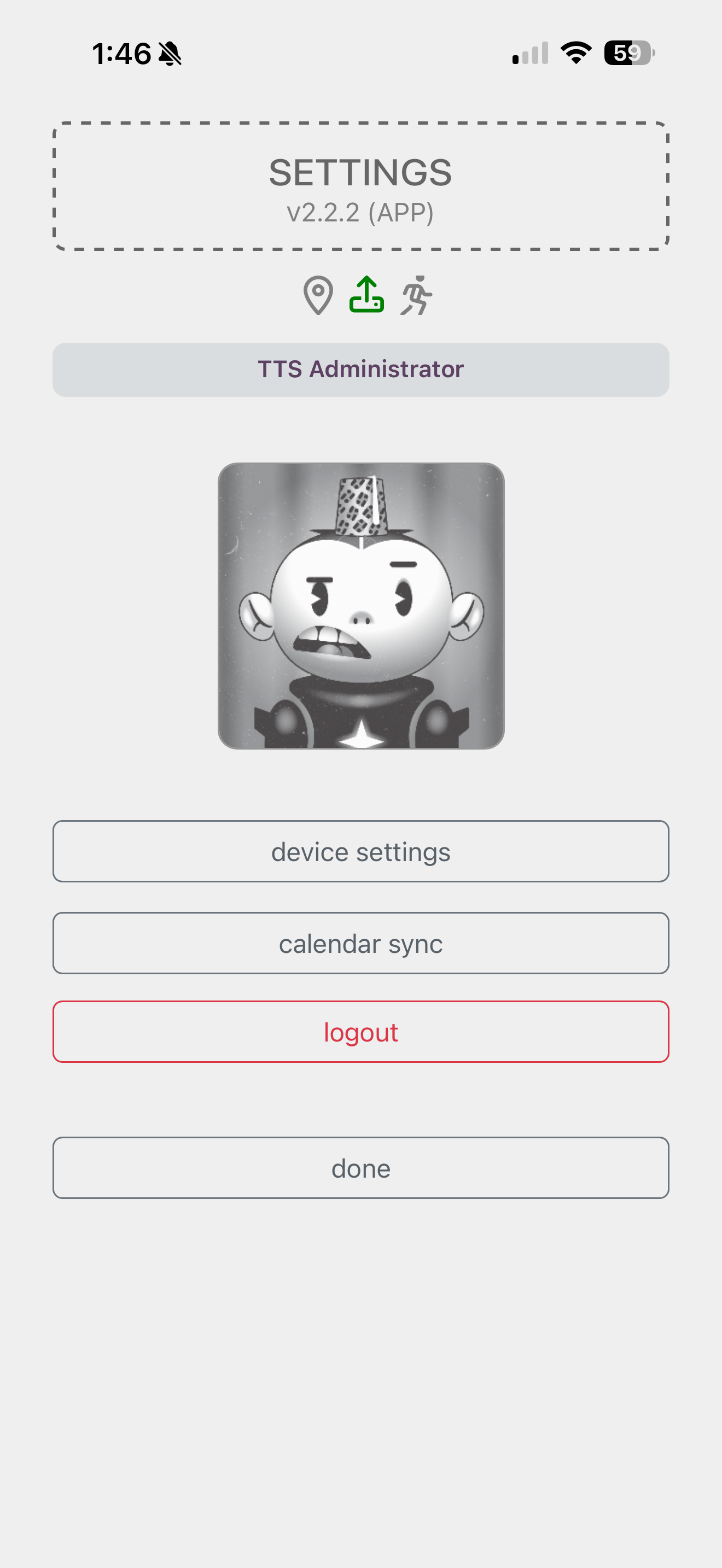 Timeclock Settings on iPhone, with the device settings button highlighted.