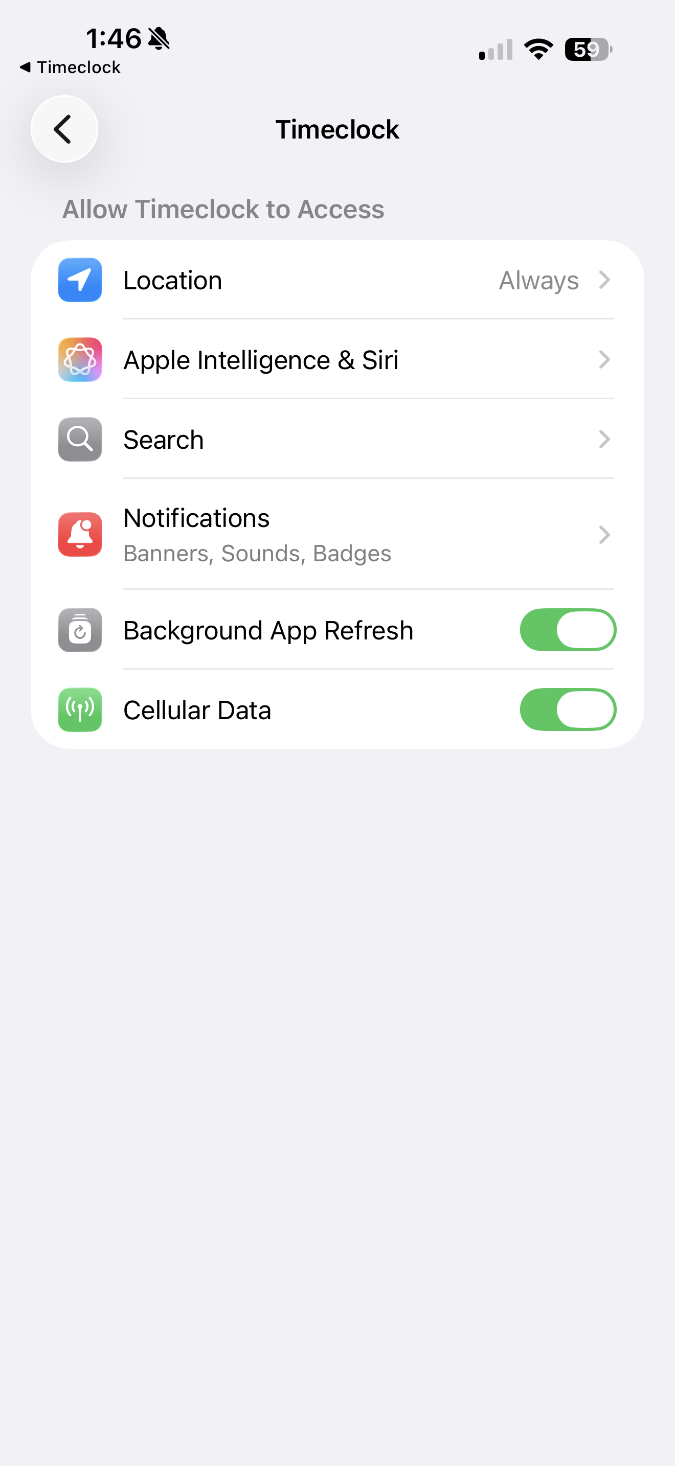 iPhone system settings for Timeclock, with Location and Notifications highlighted.