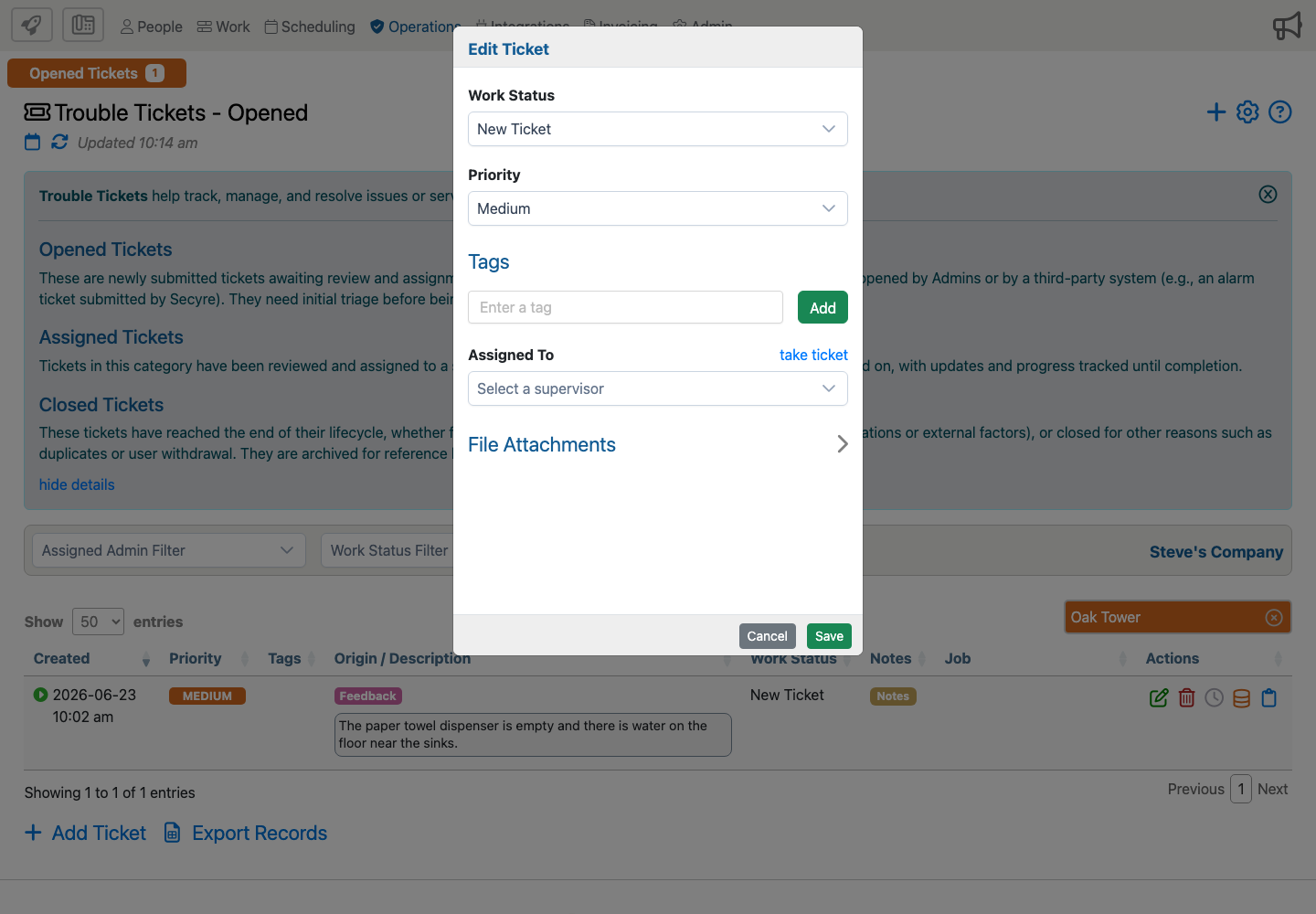 Edit Ticket dialog for an Action Point feedback ticket showing status, priority, tags, assignment, and file attachments