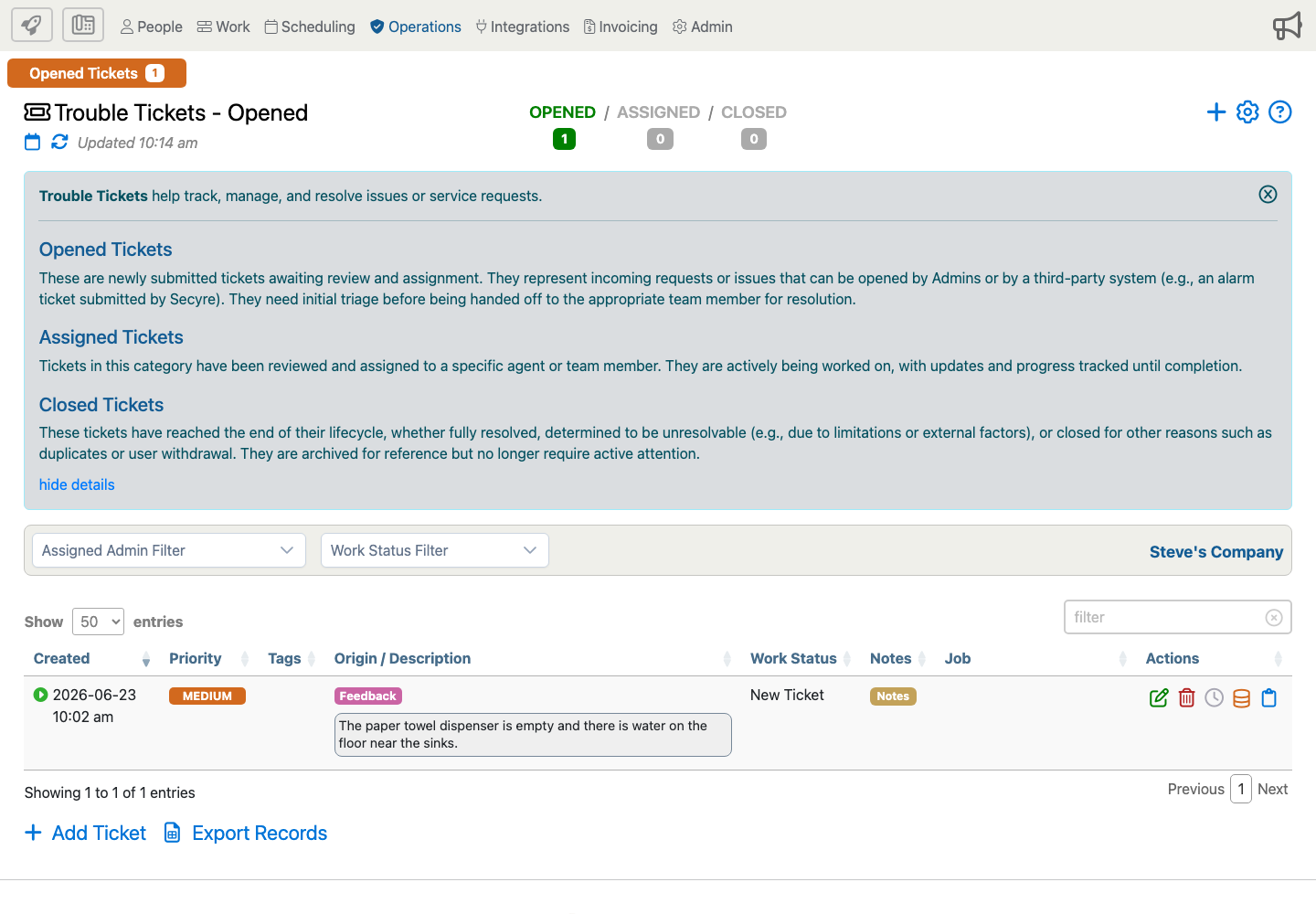 Trouble Tickets page showing opened ticket counts, filters, and an Action Point feedback ticket